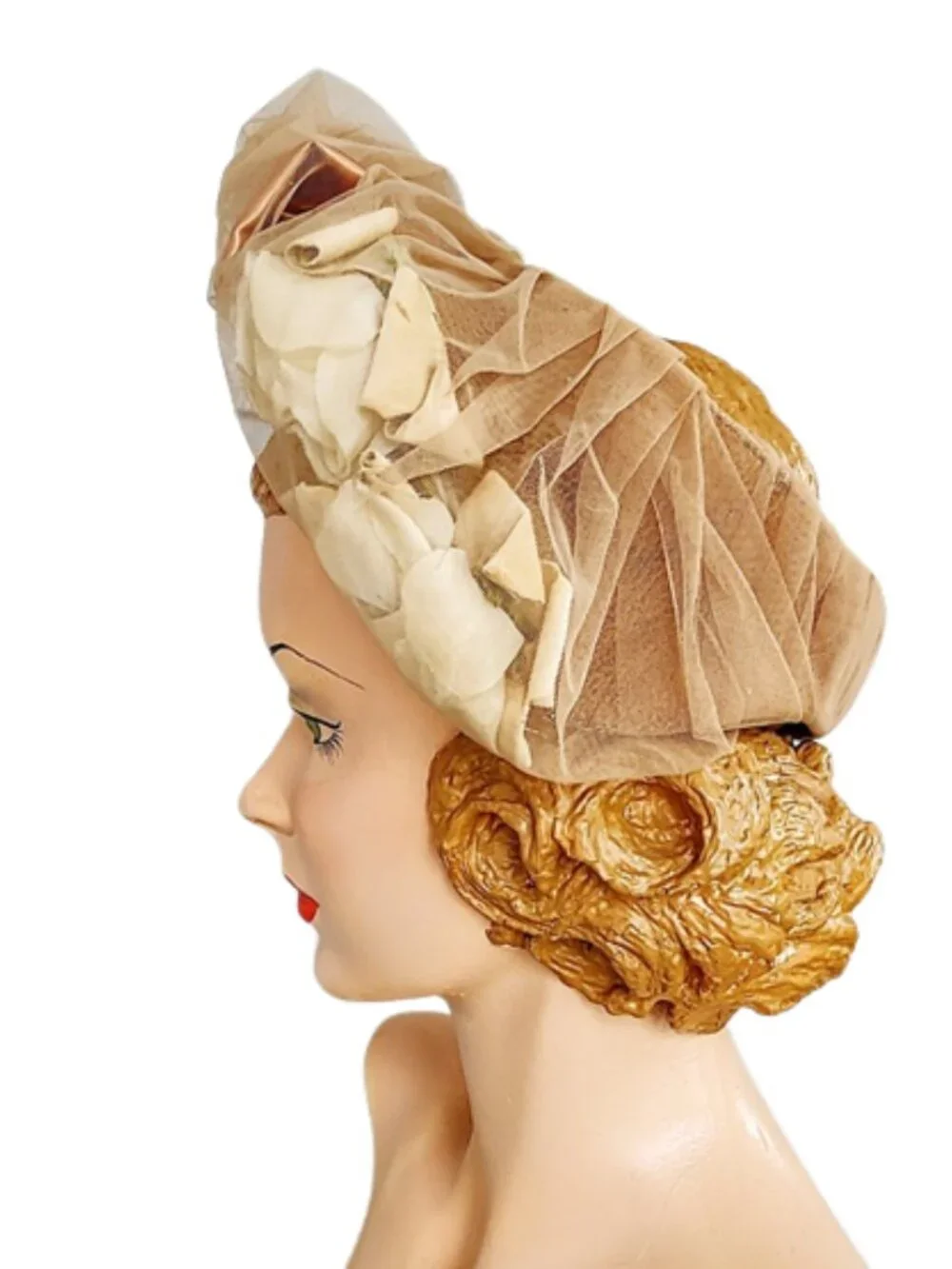 Vintage 1950s Halo Open Crown Hat With Roses And Bows Covered With Tan Netting - Picture 3 of 7